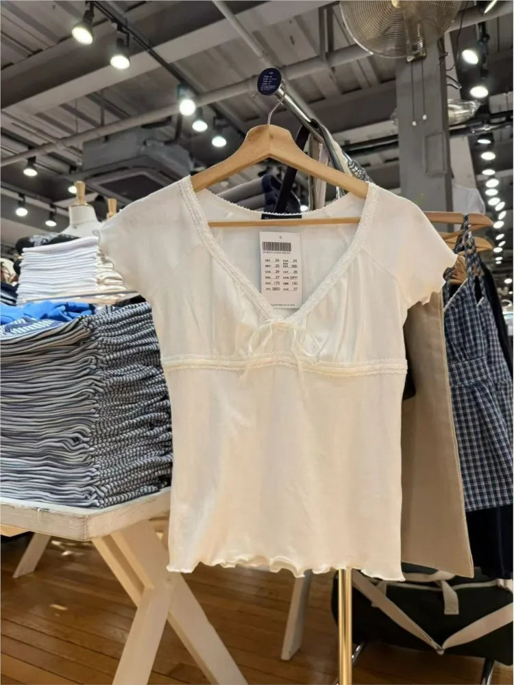 Lace Trim Fungus Slim T-shirt Women Simple Casual White Bow V-neck Short Sleeve Tee Shirts Female Sweet Cute Cotton Crop Tops