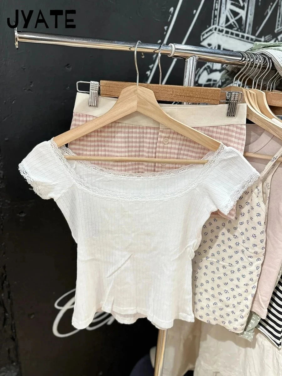Lace Trim Square Neck Short Sleeve Tees Women New Cotton Casual Sexy Slim Simple Crop Tops Sweet Cute Vintage Basic T-shirts Y2K