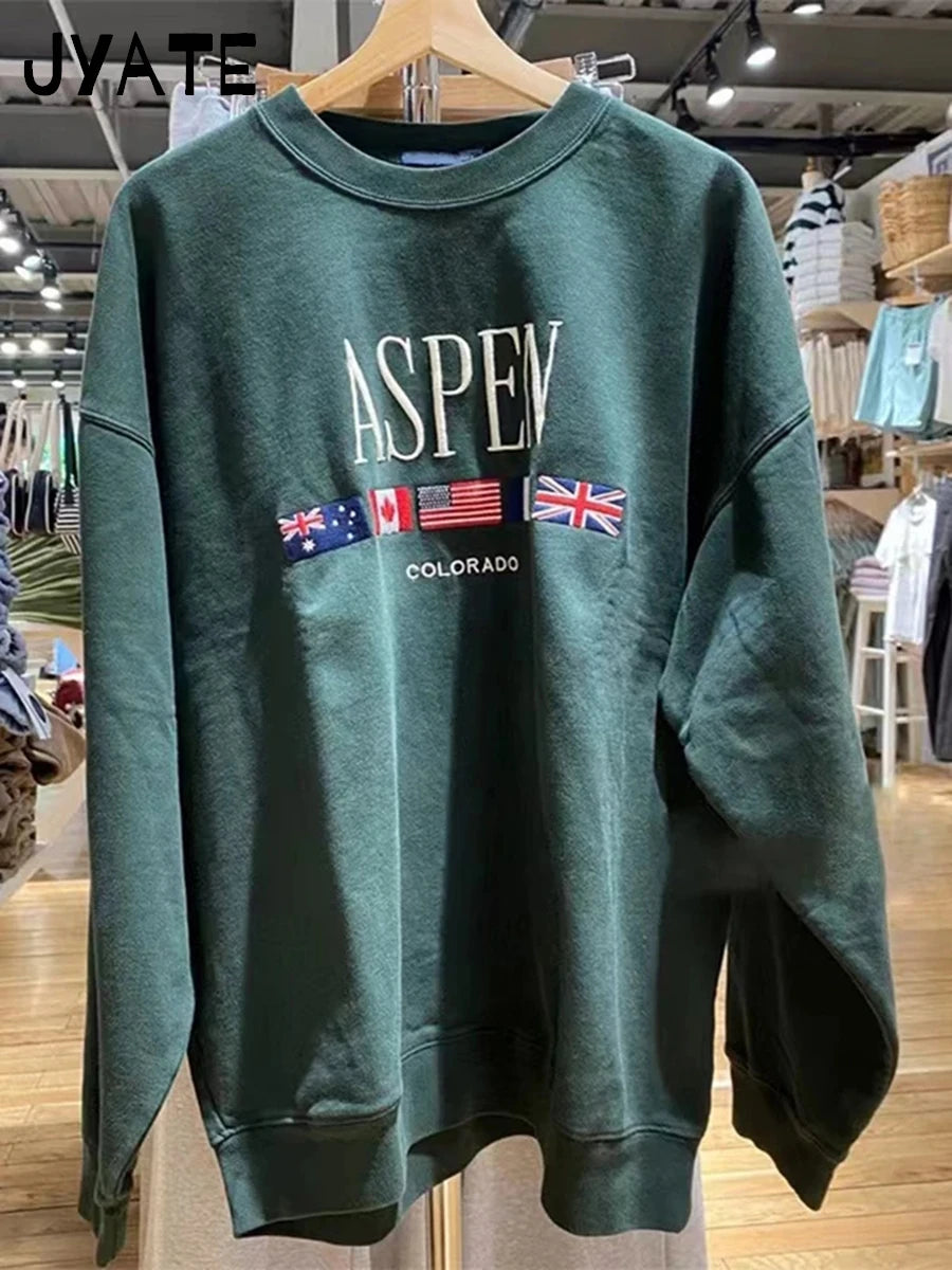 Fashion Letter Flag Embroidery Sweatshirts Women Casual High Quality Cotton O-neck Pullover Tops Vintage Loose Chic Y2K Hoodies