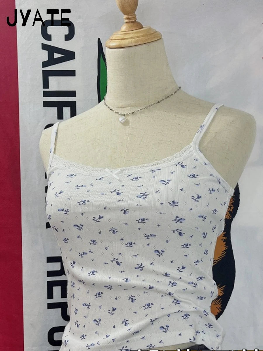 Blue Floral Bow Lace Trim Sexy Slim Tank Tops Women Summer Cotton Eyelet White Sleeveless Crop Top Sweet Cute Casual Camis Y2K