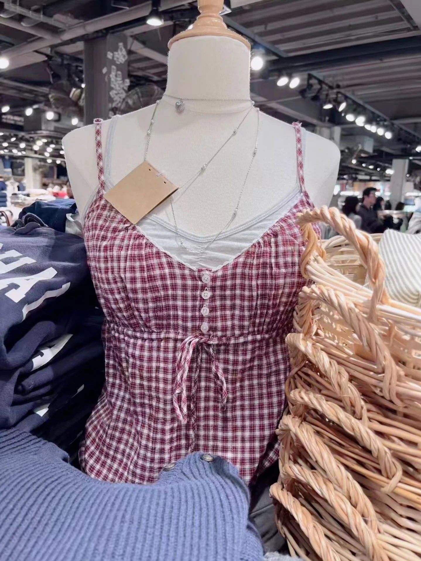 Red Plaid Drawstring Tank Top for Woman Summer Buttons V-neck Cotton Slim Camisole Female Vintage Preppy Style Sweet Crop Tops