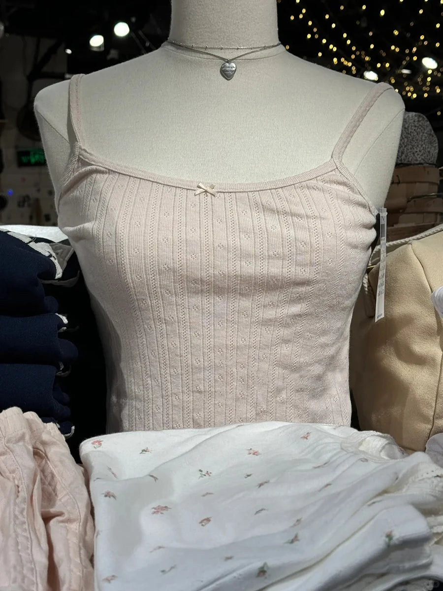 Sweet Pink Eyelet Bow Tank Tops Women Summer Casual Cotton Slim Lace Trim Sleeveless Vests Cute Preppy Style Camisole Y2K Top