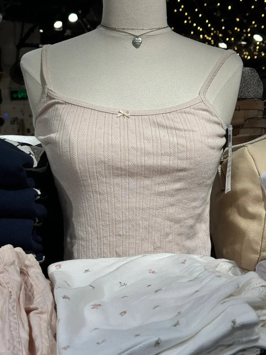 Pink Eyelet Bow Tank Tops Women Summer Casual Cotton Slim Lace Trim Sleeveless Vests Cute Preppy Style Sweet Camisole Y2K Top