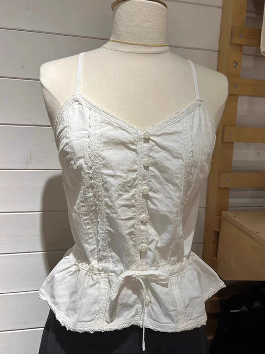 Fashion Lace-up Bow Cotton Tank Tops Women Summer White V-neck Casual Lace Patchwork Sleeveless Vests Vintage Sweet Cute Camis