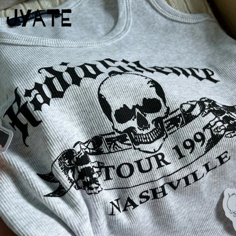 Harajuku Skull Print Ribbed Sleeveless Vests Women Summer New Cotton Streetwear Casual Camis Clothes Vintage Chic Y2K Tank Tops