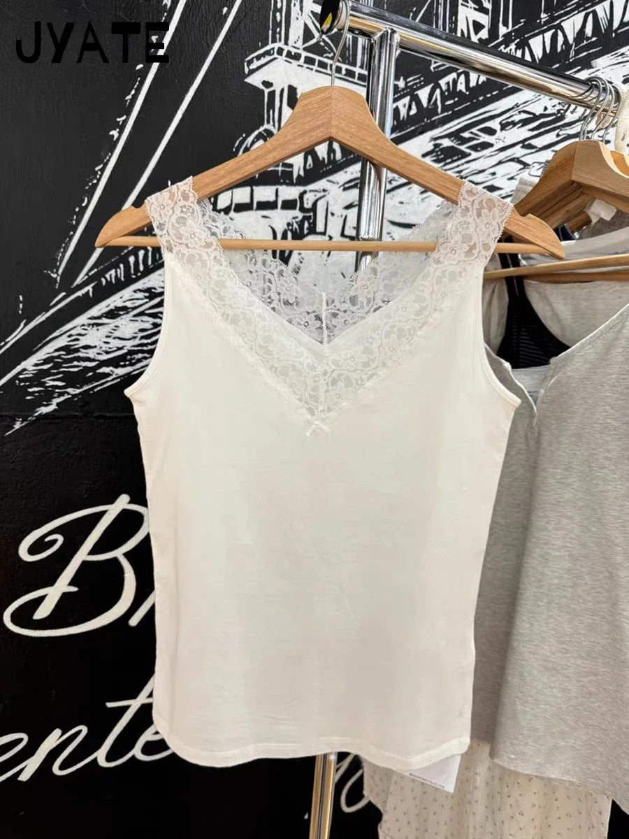 Lace Trim V-neck Sexy Tank Tops Women Summer Casual Cotton White Slim Bow Sleeveless Vests Sweet Cute Preppy Style Camisole Y2K