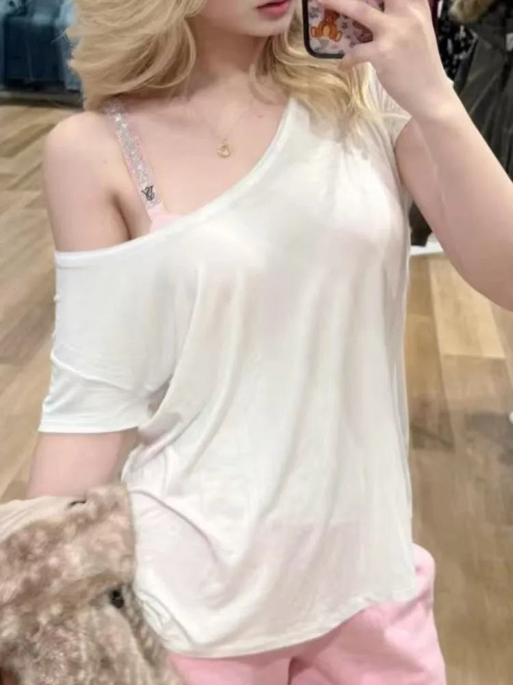 Letter Print Slash Neck T-shirts Women Summer  Casual Streetwear Thin Cotton Short Sleeve Tees Vintage American Simple Tshirt