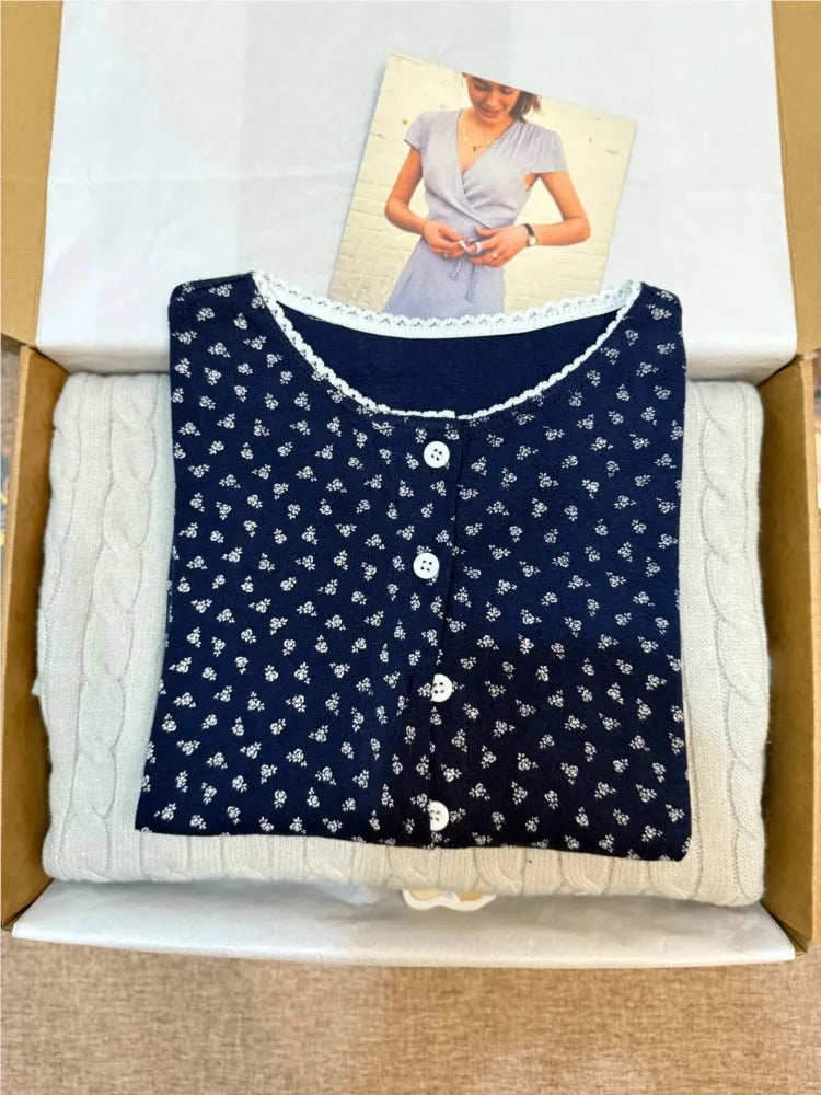 Floral Print Lace Trim Navy T-shirts Cardigan Women Autumn Single Breasted Cotton Long Sleeve Tees Sweet Cute Preppy Style Tops