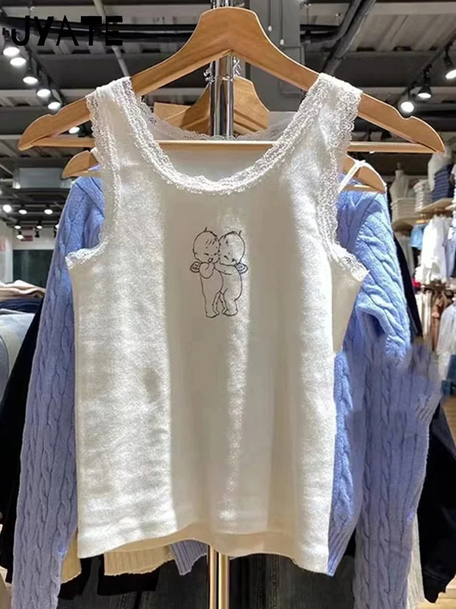 Cute Cartoon Print Lace Trim Vests Women Summer White Cotton Soft O-neck Tank Tops Female Sweet Casual Vintage Chic Y2K Crop Top