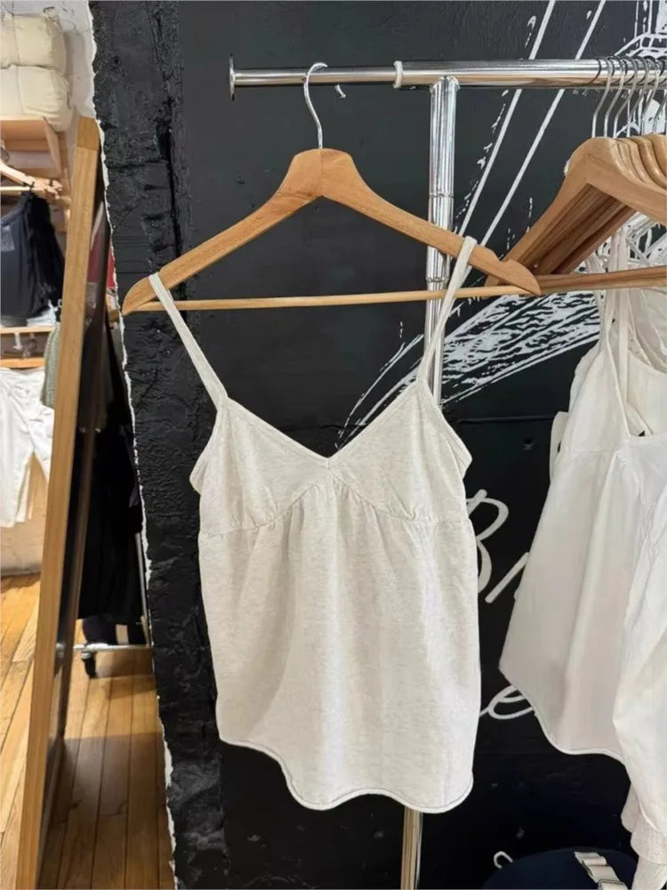 Sweet Raw Hem V-neck Long Camisole Women Sexy Light Grey Backless Cotton Tank Top Female Casual Simple Basic Vest Y2k Tops New