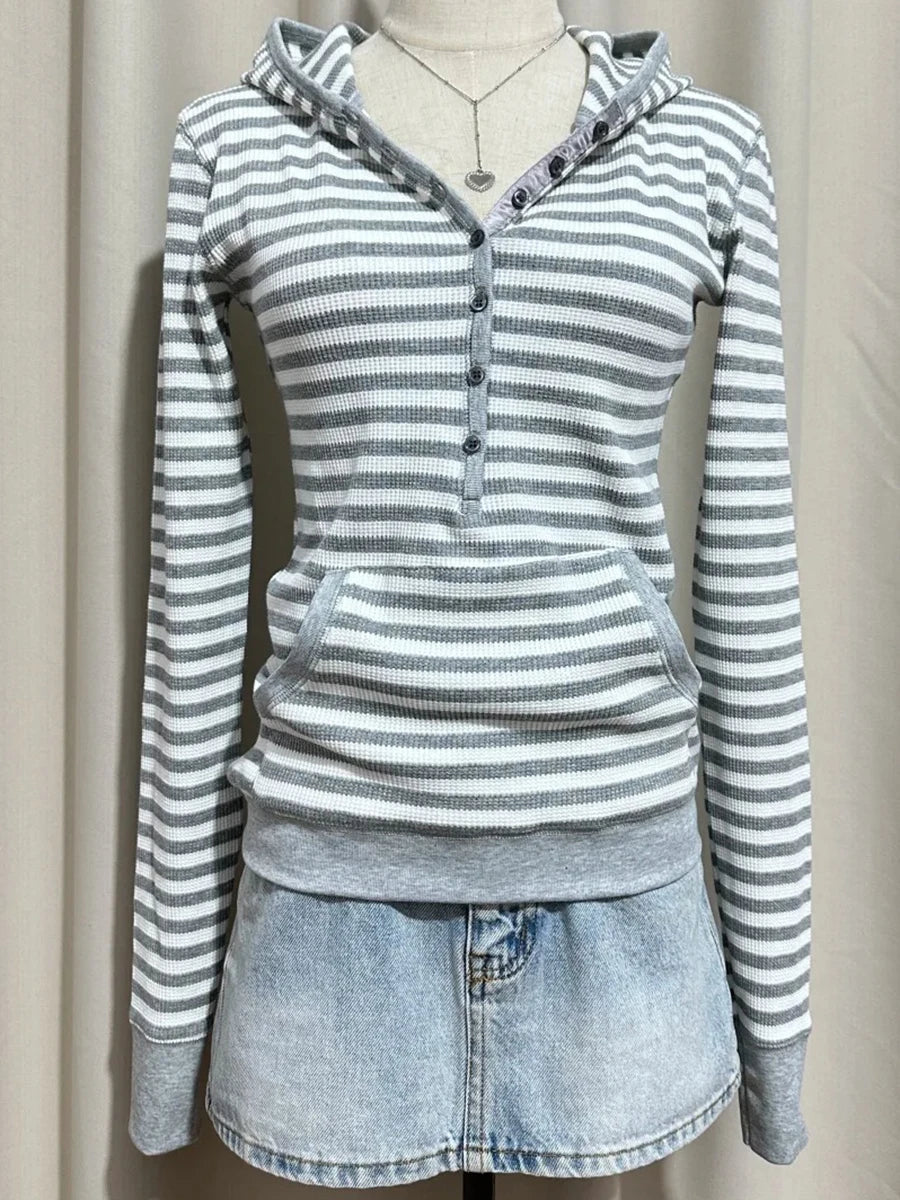 Waffle Hooded T-shirt Women Spring Streetwear Buttons Cotton Long Sleeve Slim Tee Shirts Vintage Preppy Style Tops Y2k