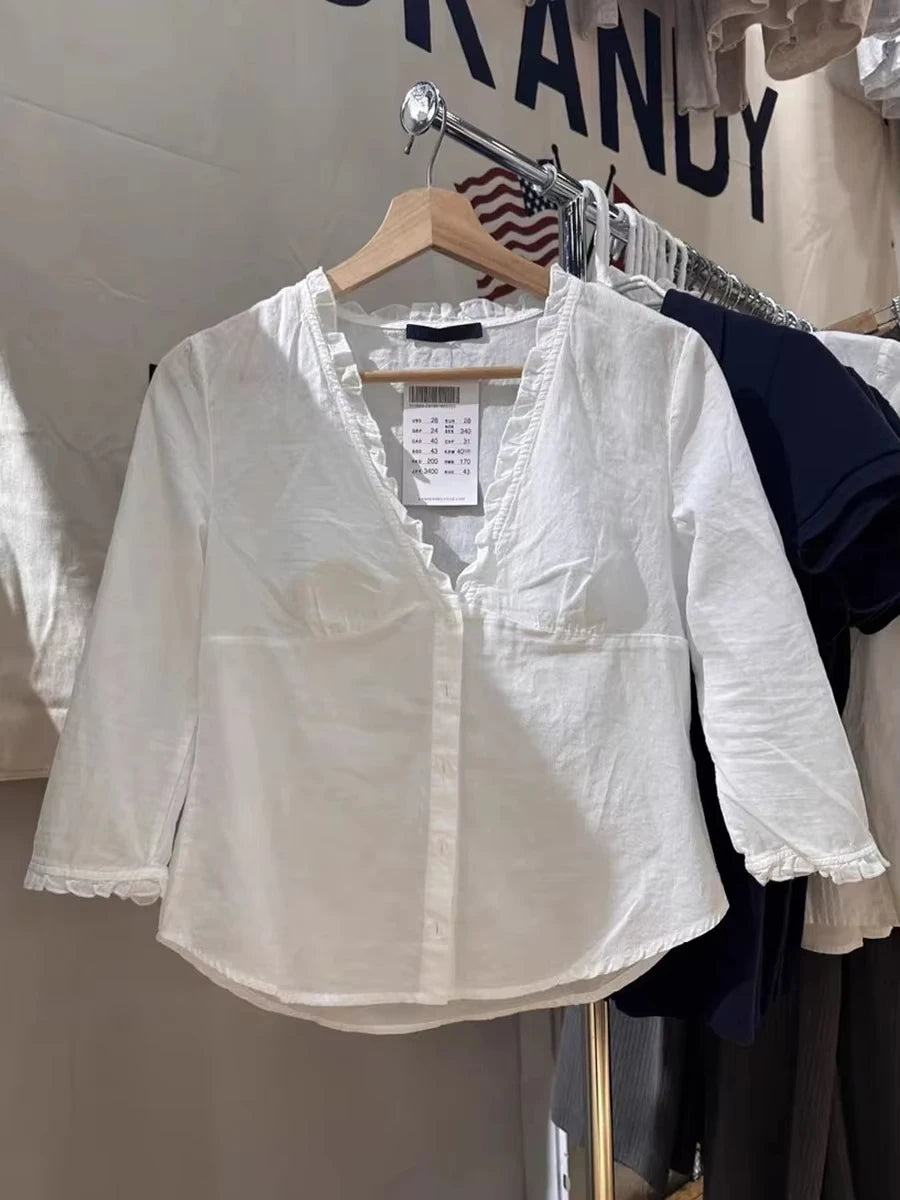 White Ruffles  Single Breasted T-Shirt Blouse Women Summer V-neck Haft Sleeve Tee Shirts Simple Sweet All-match Thin Tshirts New
