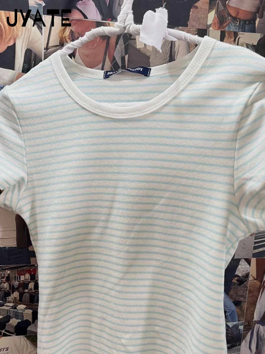 Rose Striped Slim T-shirt Women Casual Chic O-Neck Cotton Short Sleeve Tee Shirts Female Sweet Cute Preppy Style Y2K Tshirts New