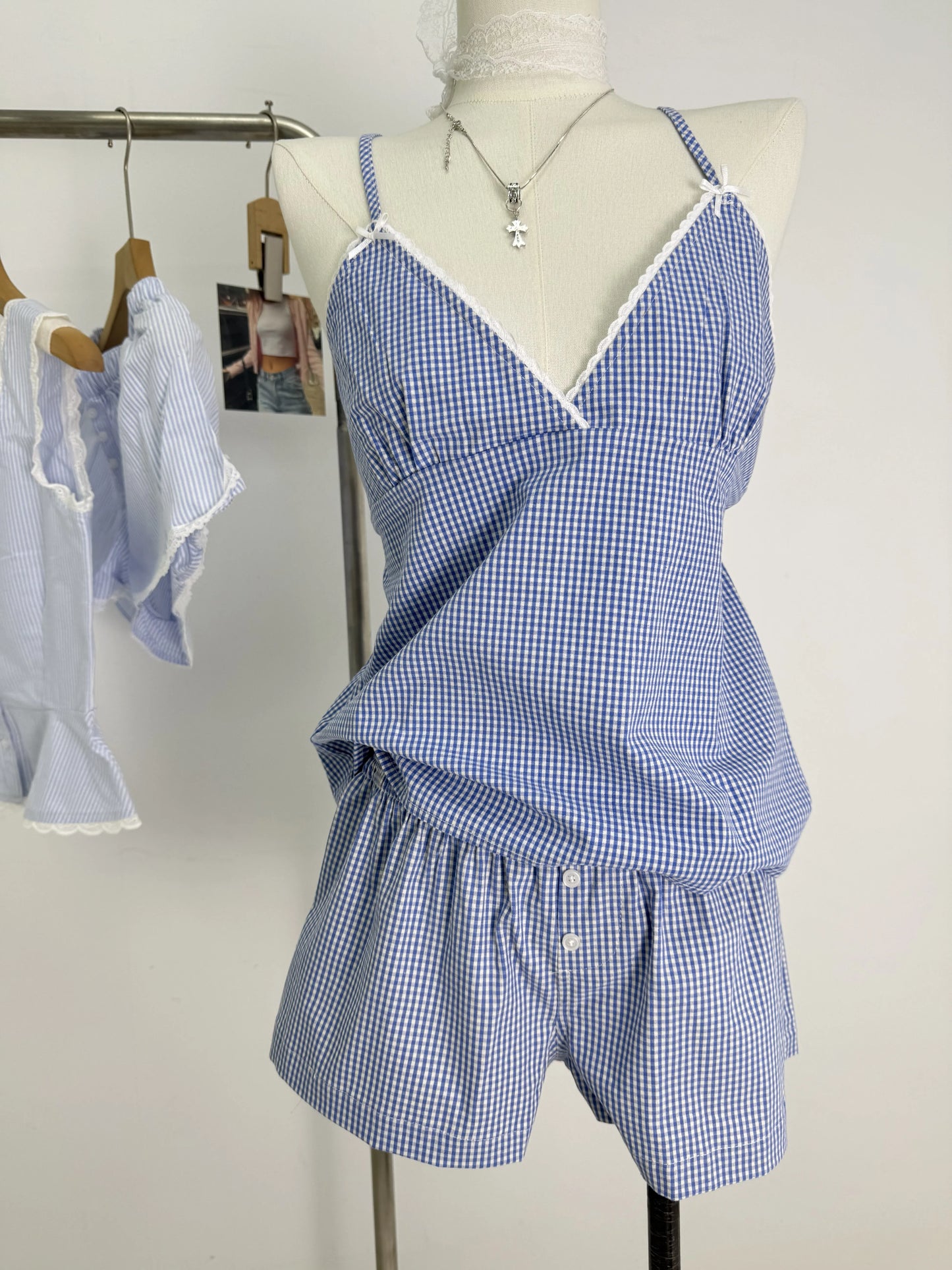 Pink Striped Lace Trim Tank Shorts Set Suit Women New Button Camisole +Elastic Waist Short Pant Sweet Cute Home 2 Piece Sets Y2K