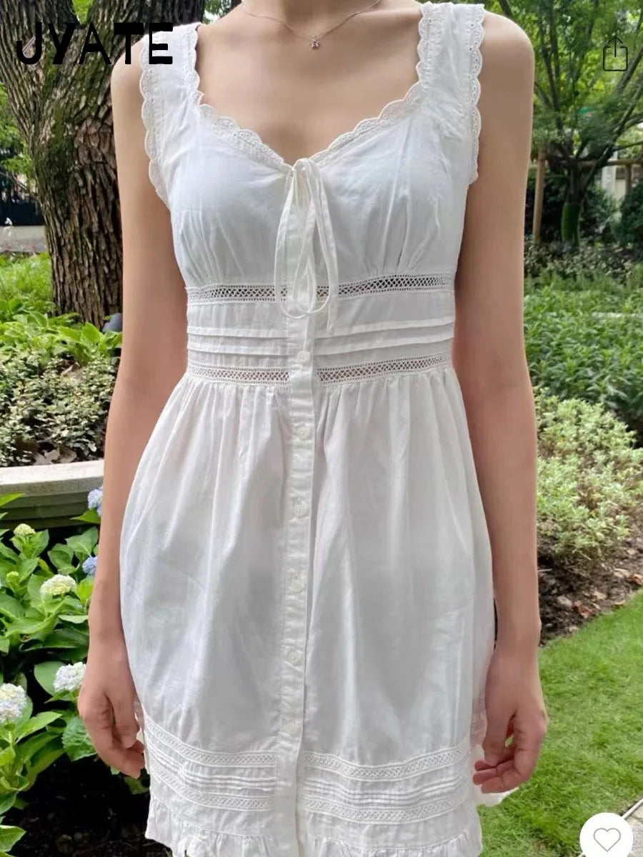 Chic Lace Trim White Mini Dress Women Summer Round Neck Lace-up Sleeveless A-line Short Vestidos Sweet Preppy Style Dresses Y2K