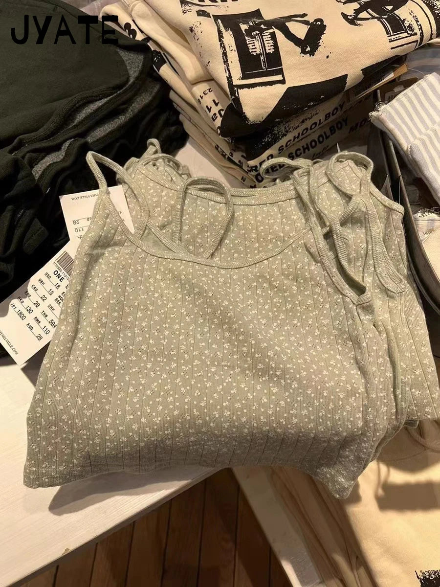 Fashion Floral Print Hollow Out Camisole Women New Green Cotton Ribbed Casual Slim Cropped Vest Sweet Vintage Chic Tank Tops Y2K