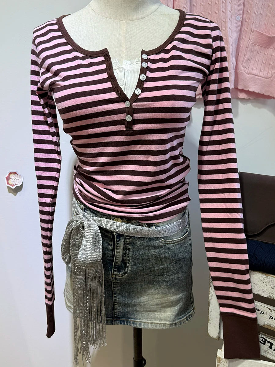 Navy Striped Buttons Long Sleeve Tees Women Casual Chic Cotton T-shirt Cute Preppy Style Slim Tshirt Zelly Tops