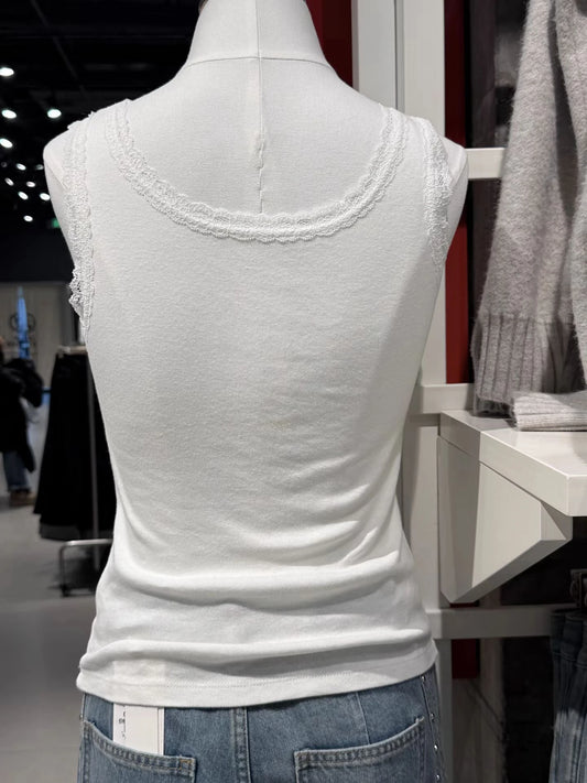 Cute Deer Bow Slim Tank Top Woman Summer Lace Trim U Collar Sleeveless Cotton Camisole Casual Sweet Preppy Style Crop Tops Y2K