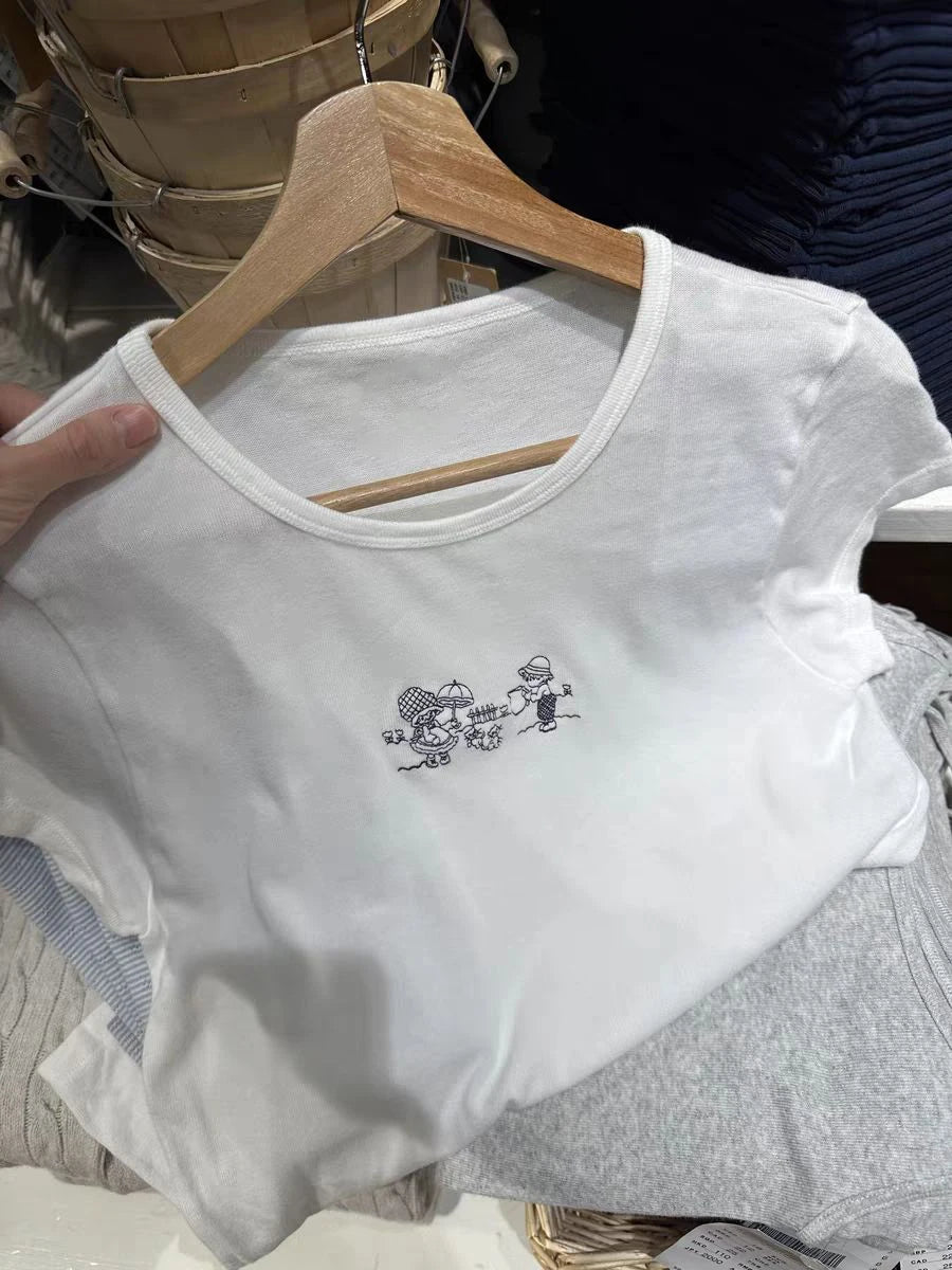 Girls and Cats Embroidery Slim T-shirt Women Summer Cotton Round Neck Short Sleeve Tees Sweet Preppy Style Cute Top Y2k T shirts