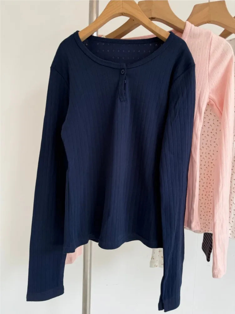 Navy Eyelet Three Buttons Long Sleeve T-Shirt New Autumn O-Neck Simple Slim Tee Top for Women Sweet Cute Basic Tshirt Y2k Tops