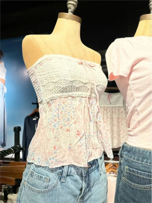 Sweet Knitted Patchwork Tube Tops Woman Lace-up Strapless Floral Hem Slim Cropped Camisole Female Streetwear Sexy Crop Top Y2K