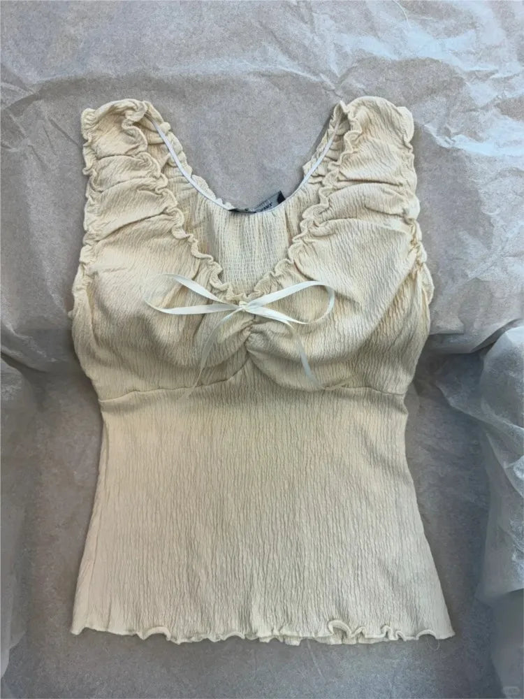 Beige Bow Folds Slim Tank Tops Women Summer New Preppy Style Ruffles V-neck Cotton Sleeveless Vests Cute Chic Sweet Camisole Y2K