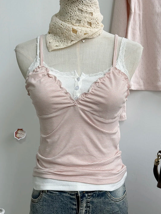 Pink Striped Tank Tops Women Casual Cotton Fungus Slim V-neck Sleeveless Camisole Girls Cute Sweet Preppy Style Y2K Crop Top