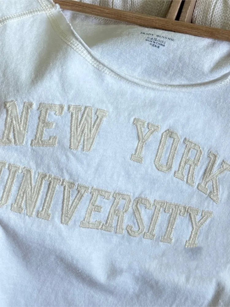 Letter Patchwork Embroidery T-shirts Women Casual Simple Raw Hem Slash Neck Short Sleeve Tees Vintage Chic Sweet Crop Tops Y2K
