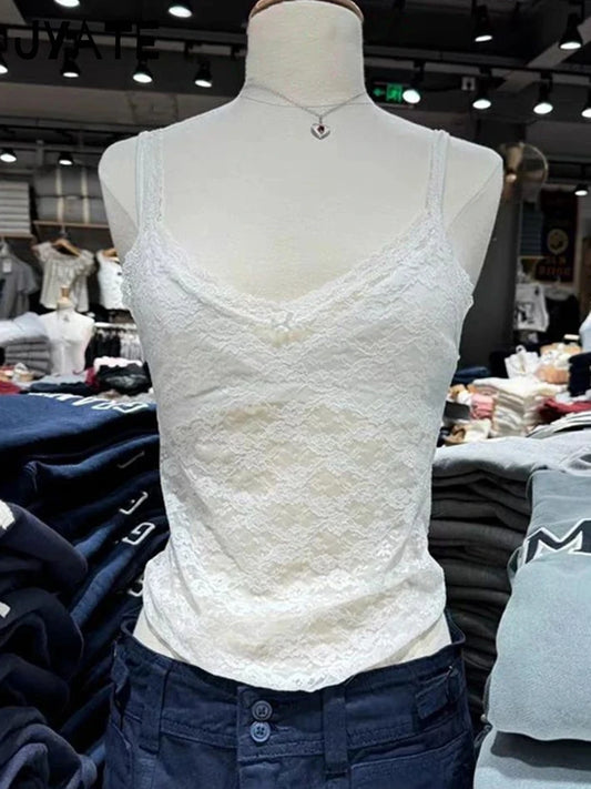 Solid Sexy Lace Sheer Bow Crop Camisole Women New Streetwear Slim Smock Preppy Style Sleeveless Vest Vintage Sweet Tank Tops Y2K