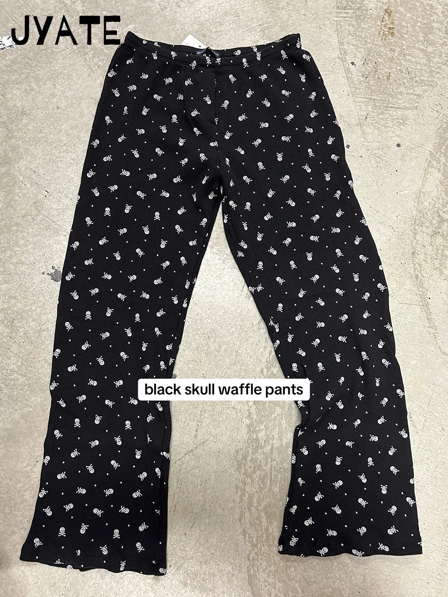 Harajuku Black Skulls Print Waffle Long Pants Women New Casual Elastic High Waist Straight Pant Vintage Preppy Chic Trousers Y2K