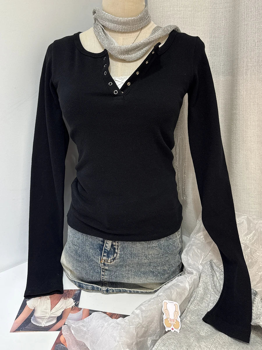 Simple Solid Ribbed Long Sleeve Tees Women Autumn New Cotton O-neck Button Raw Hem Tops Vintage Sweet Basic T-shirts Clothes