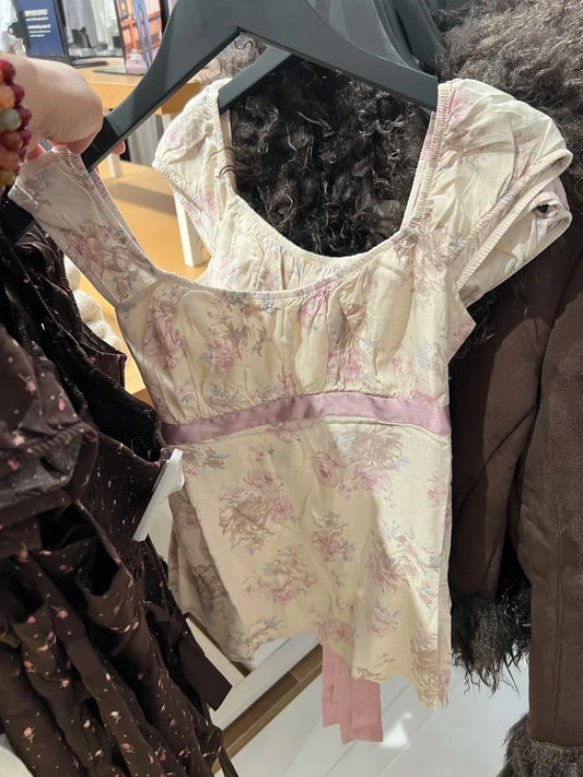 Purple Floral Top Women Casual Slim Lace-up Square Collar Babydoll Sleeveless Tee Tops Sweet Vintage Preppy Style T-shirts Y2K