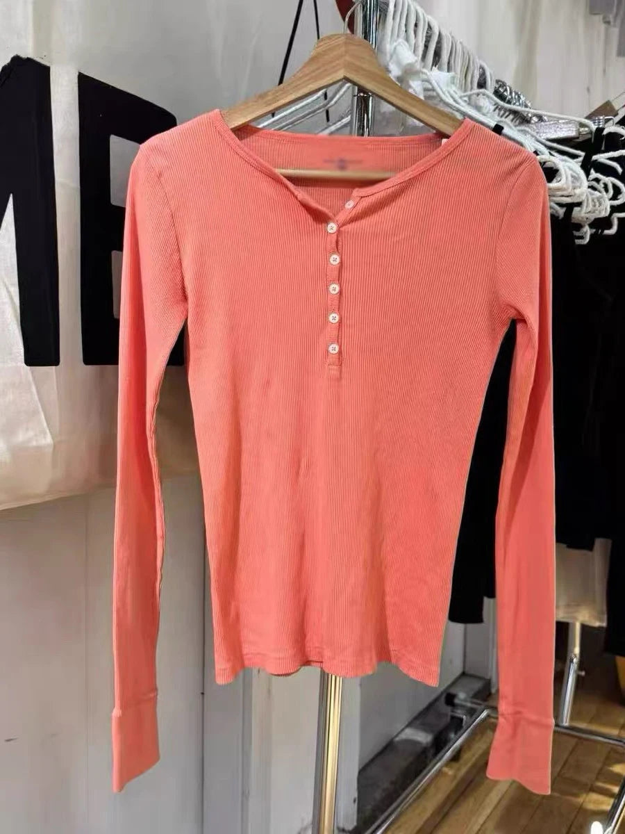 Green Vintage Ribbed Long Sleeve Tee Women's Autumn Six Button Cotton Casual Patchwork Slim T-Shirts Simple Chic Streetwear Tops