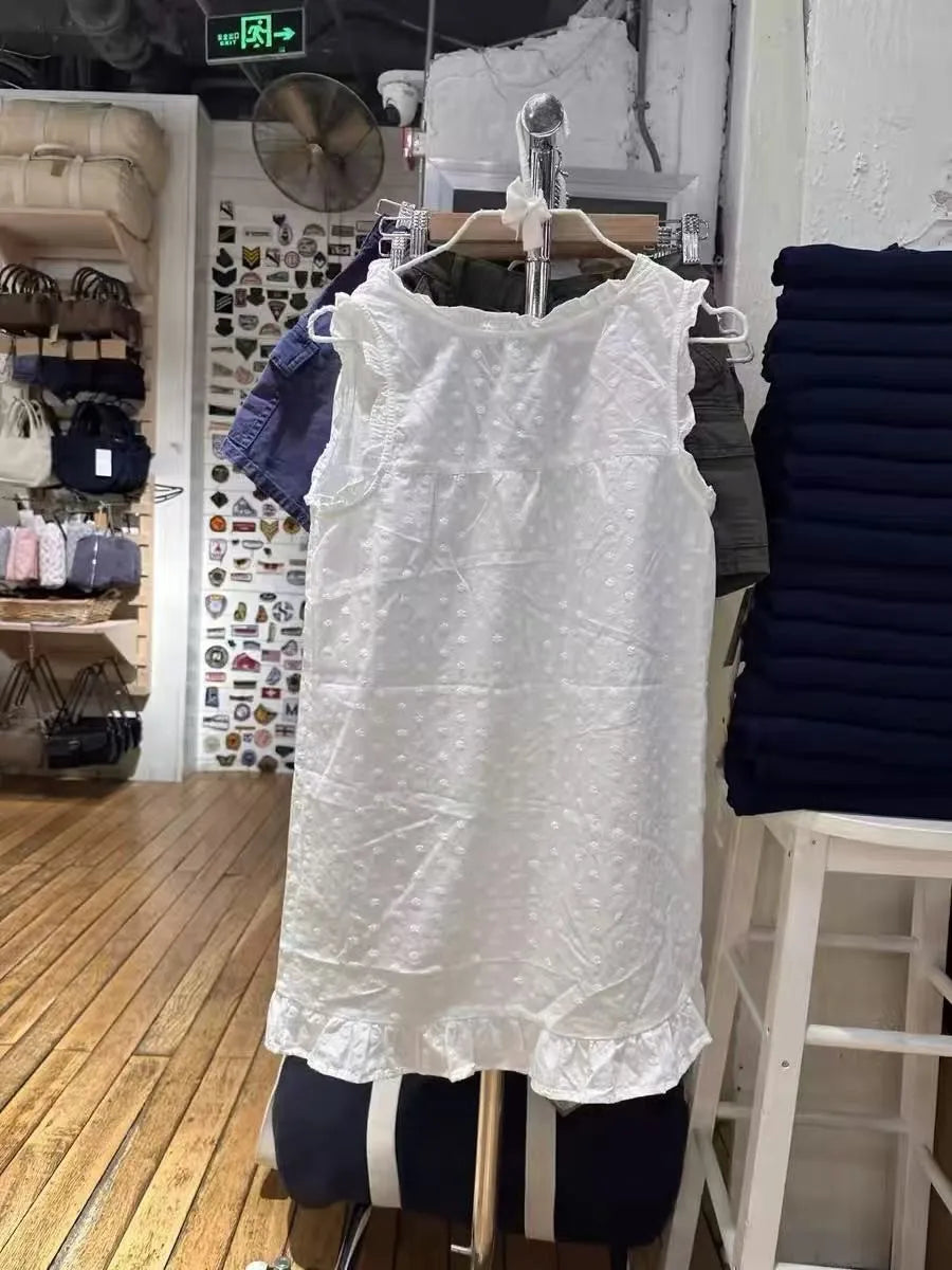 White Ruffle Round Neck Mini Dress Women Summer Streetwear Button Sleeveless A-line Short Vestidos Sweet Elegant Vintage Dresses