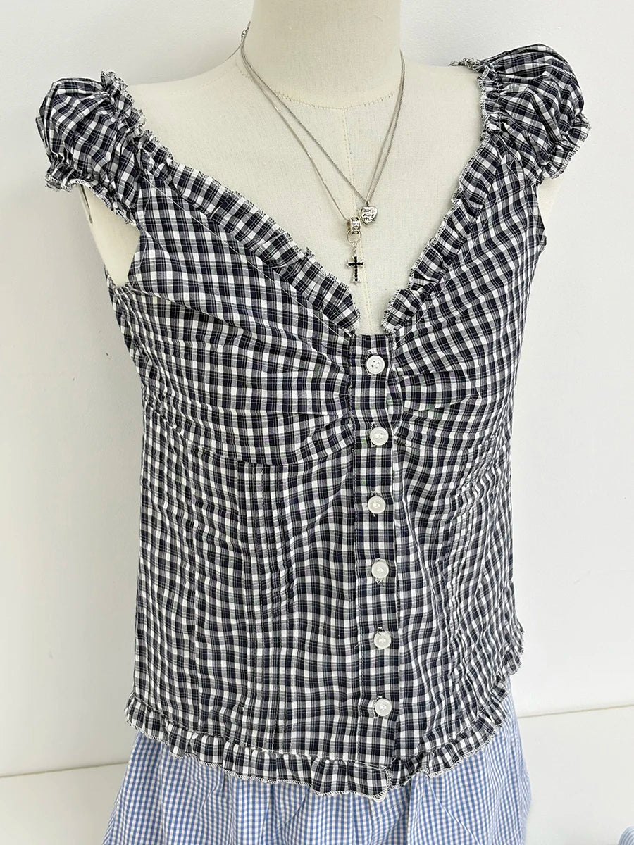 White Buttons V-neck Slim T-shirts Women Summer Lace Trim Retro Cotton Short Sleeve Tees Female Sweet Cute Street Tops Y2K