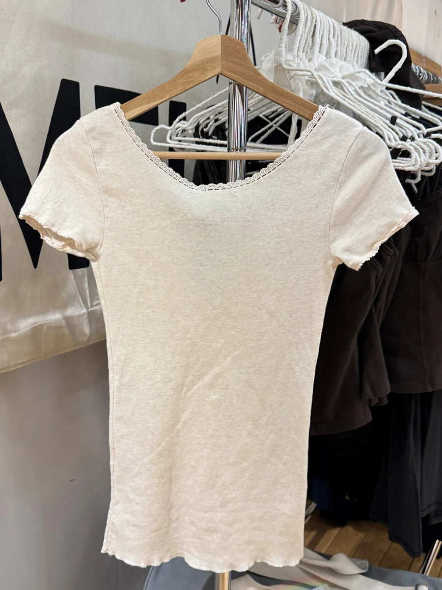 Lace Trim Slim T-shirts Women Summer Streetwear Cotton Lace-up V-neck Short Sleeve Tees Female Sweet Simple Chic Tshirts Y2K