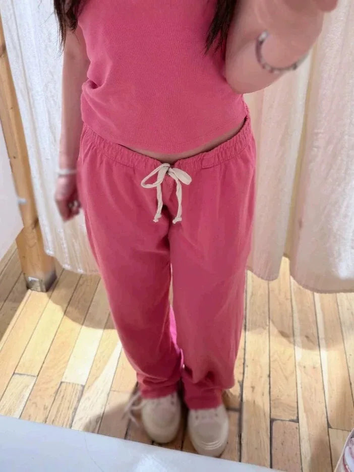 Rose Pink Drawstring Straight Sweatpants Women High Waist Cotton Simple Sport Long Pant Sweet Vintage Casual Y2K Sweatpants