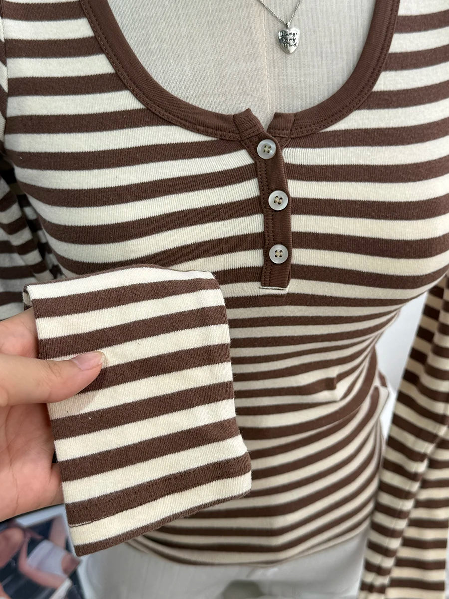 Brown Striped Long Sleeve Tees Women Autumn Streetwear Casual Cotton Buttons Slim Zelly Tops Retro Simple Chic T-shirts New Y2K