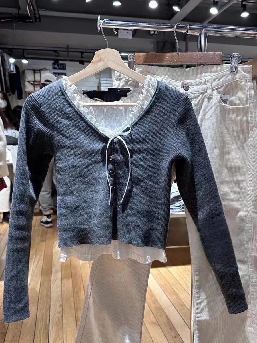 Solid Ribbed Knit Sweater Coat Women Autumn Cotton Soft Button Long Sleeve Jumper Tops Chic Slim Fashion Vintage Y2K Cardigans