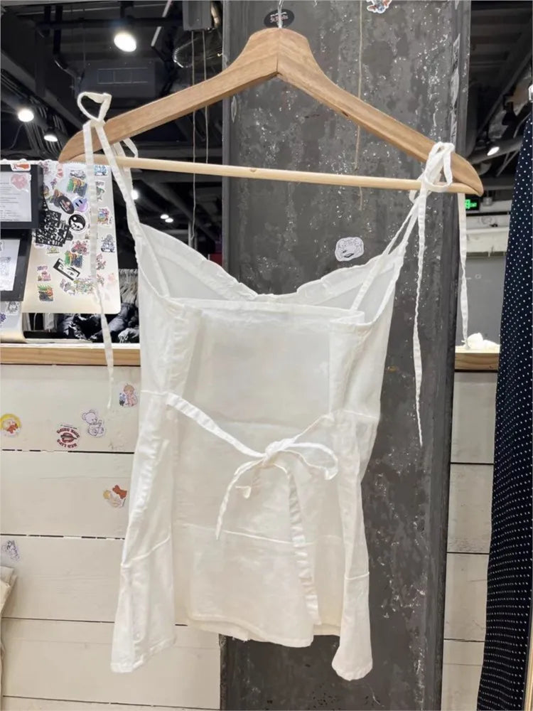 White Simple Lace Trim Lace-up Tank Tops Women Summer New Single Breasted V-neck Slim Camisole Female Sweet Cotton Vest Y2k Tops