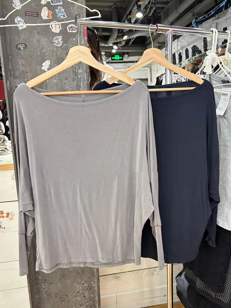 New Navy Long Batwing Sleeve T-shirts Woman Sweet Casual Slash Neck Cotton Tee Shirts Elegant Simple All-match Tshirts Y2k Tops