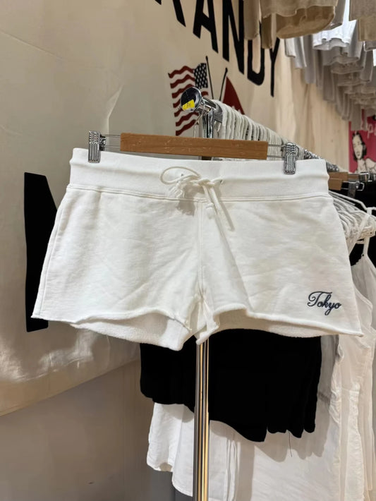 White Letter Embroidery Sweatshorts Woman Summer Low Waist Drawstring Straight Short Pant Female Casual Sweet Sport Shorts