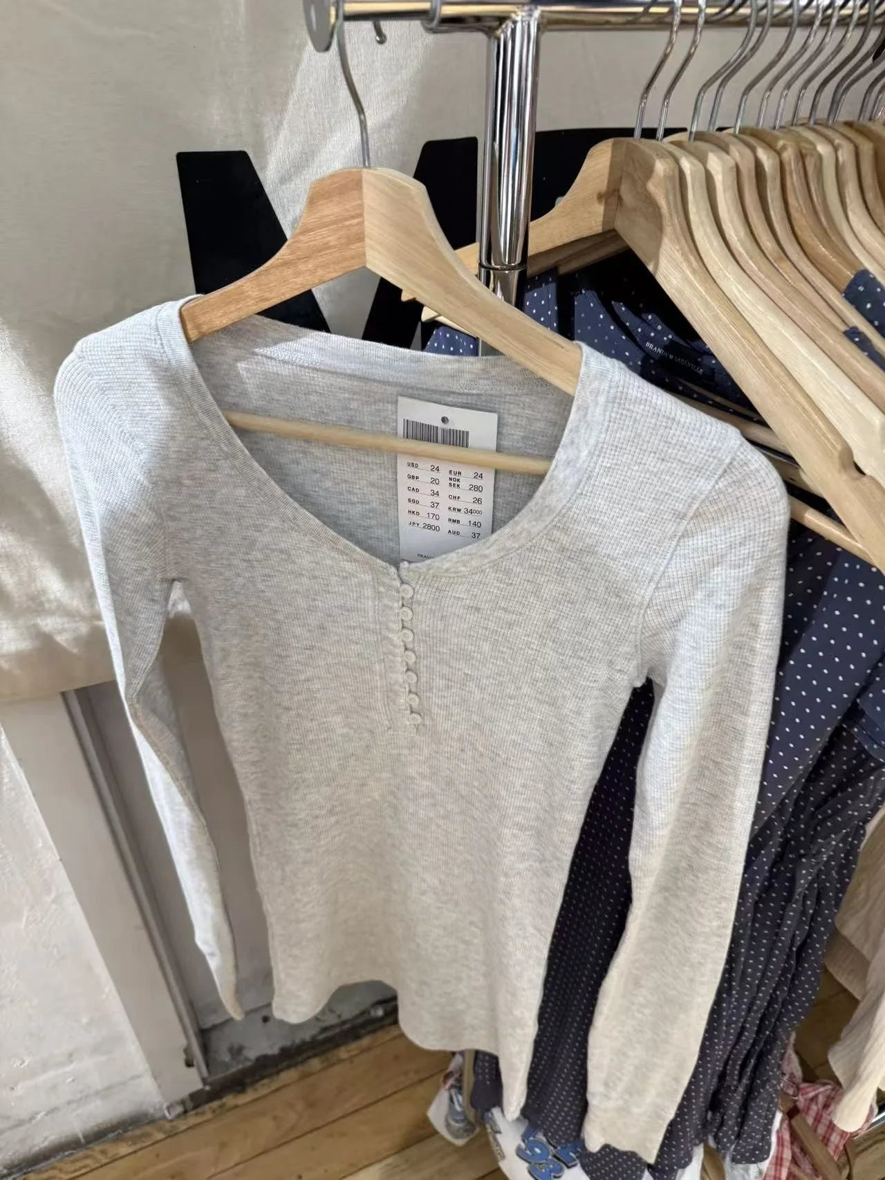 Waffle Button Gray Long Sleeve Tee Women Autumn Cotton Buttons Slim TShirt Zelly Tops Shoujo Clothes Simple Basic Sweet T-shirts