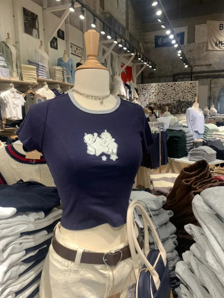 Angel Print Cute Crop Tops Women Casual Streetwear Summer Cotton Slim Sweet Short Sleeve Tees Chic Simple Vintage Y2K T-shirts