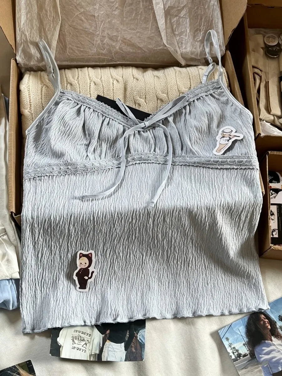 Solid Lace Trim V-neck Tank Tops Women Summer Casual Simple Lace-up Cotton Slim Sleeveless Vests Sweet Cute Elegant Camisole Y2K