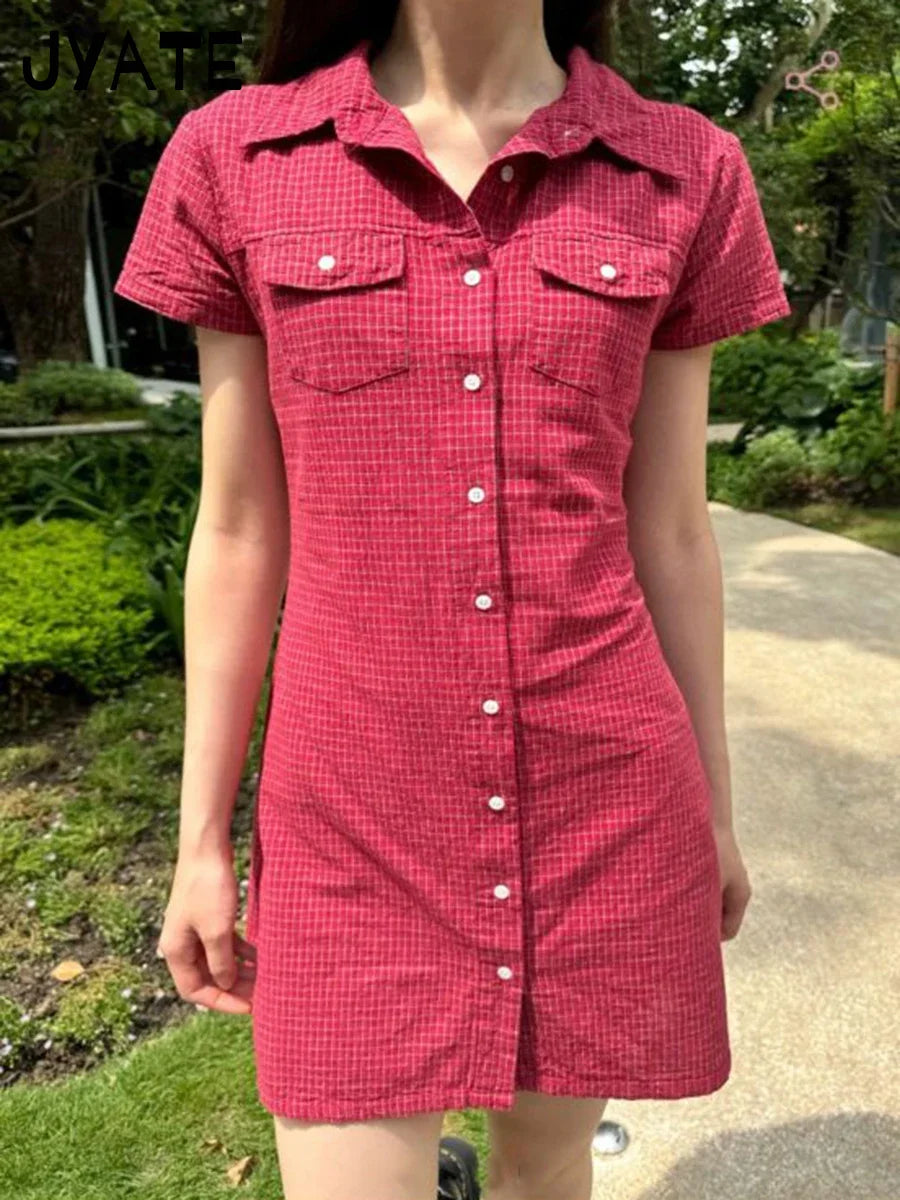 Retro Red Plaid Pockets Shirt Dresses Women New Turn Down Collar Single Breasted Short Sleeve Vestidos Sweet Vintage Mini Dress