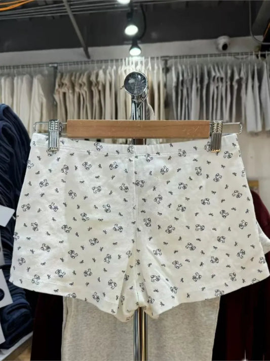 Cute Bear Bow Print Pajama Shorts Women Elastic High Waist Straight Short Pants Summer Sweet Home Underwear New Y2K Sweatshorts