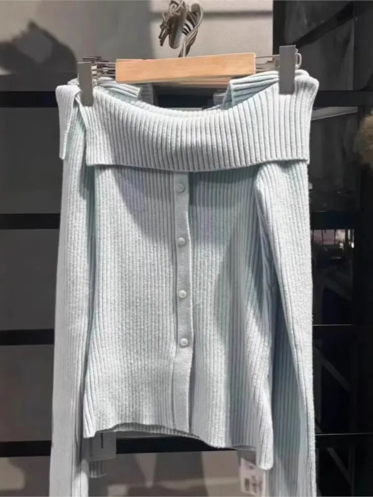 Off-the-shoulder Knitted Sweater Women Spring Streetwear Sexy Button Jumper Blue Sweet Preppy Style Sweaters Y2K