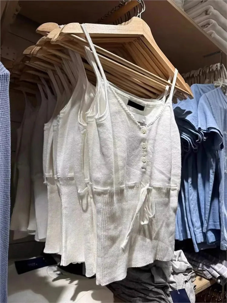 White Lace Trim Drawstring Knitted Tank Tops Women New Slim Cotton Buttons High Waist V-neck Camis Simple Sweet Cute Vests Y2K