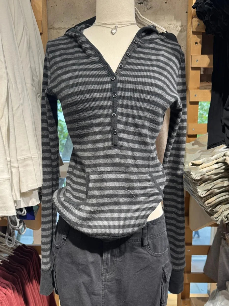 Gray Striped Waffle Hooded T-shirt Women Five  Button CottonSlim Long Sleeve Tee Shirt Casual Preppy Style Vintage Tshirt Y2k